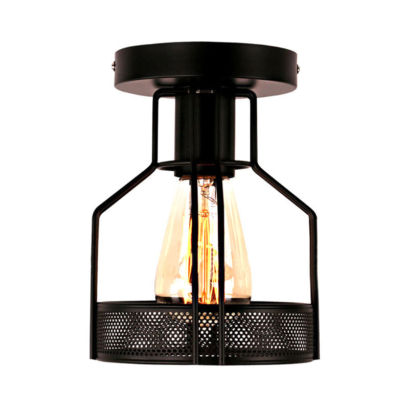 Black Metal Industrial Loft Ceiling Light with Mesh Screen - Semi Flush Mount for Dining Room