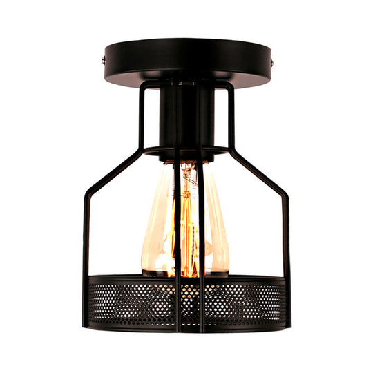 Black Metal Industrial Loft Ceiling Light With Mesh Screen - Semi Flush Mount For Dining Room