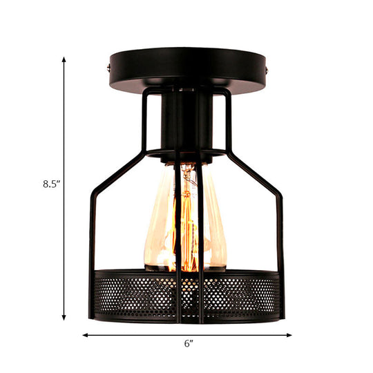 Black Metal Industrial Loft Ceiling Light with Mesh Screen - Semi Flush Mount for Dining Room