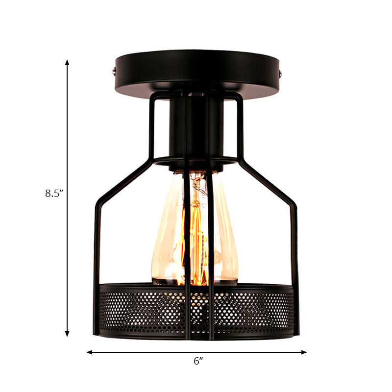 Black Metal Industrial Loft Ceiling Light With Mesh Screen - Semi Flush Mount For Dining Room