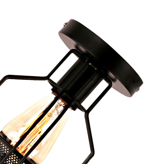 Black Metal Industrial Loft Ceiling Light with Mesh Screen - Semi Flush Mount for Dining Room