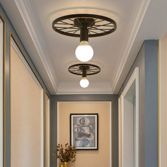 Retro Metal Pendant Light - Wheel Shaped Semi Flush Mount with 1 Bulb and Black Finish for Corridors