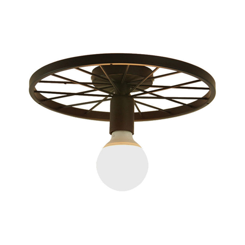 Retro Metal Pendant Light - Wheel Shaped Semi Flush Mount with 1 Bulb and Black Finish for Corridors