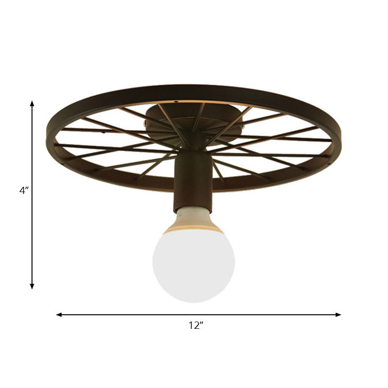 Retro Metal Pendant Light - Wheel Shaped Semi Flush Mount with 1 Bulb and Black Finish for Corridors