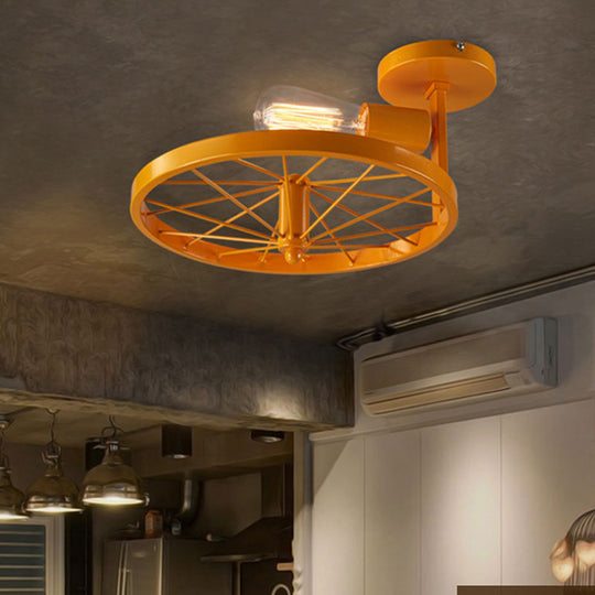 Semi-Flush Ceiling Light with Exposed Bulb, Industrial Wheel Design in White/Red Metallic