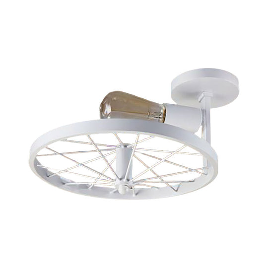 Semi-Flush Ceiling Light with Exposed Bulb, Industrial Wheel Design in White/Red Metallic