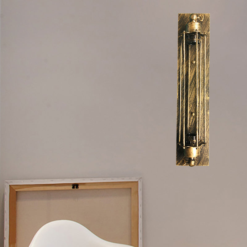 Retro Industrial Wall Sconce Lighting: Linear Wrought Iron Lamp With Cage Shade In Aged Brass