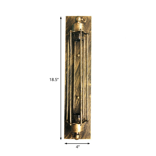 Retro Industrial Wall Sconce Lighting: Linear Wrought Iron Lamp With Cage Shade In Aged Brass