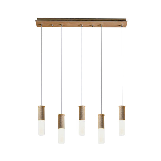 Contemporary Led Pendant Light With Wood Tubular Design For Kitchen Ceiling - Choose 1 5 7 Or 9