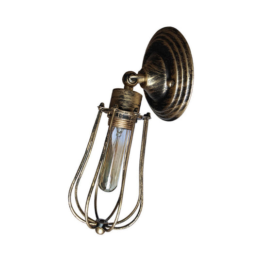 Industrial Aged Brass Wall Sconce With Wire Guard And Bulb Shade For Restaurants