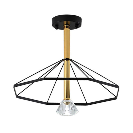 Black Metal LED Cage Flared Pendant Light with Crystal Shade - Loft Style Semi Flush