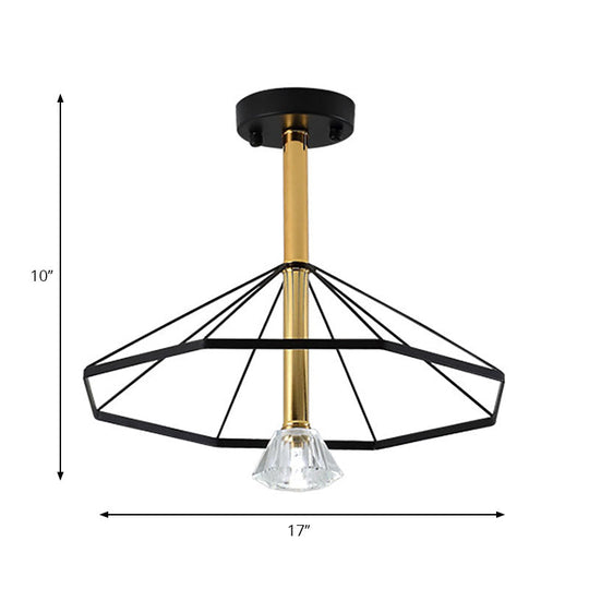 Black Metal LED Cage Flared Pendant Light with Crystal Shade - Loft Style Semi Flush