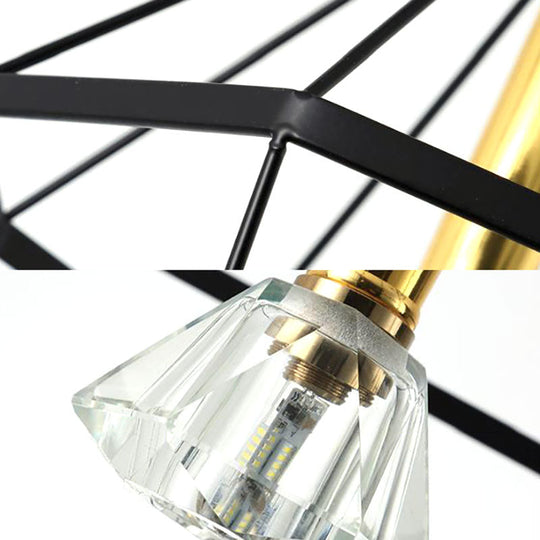 Black Metal LED Cage Flared Pendant Light with Crystal Shade - Loft Style Semi Flush