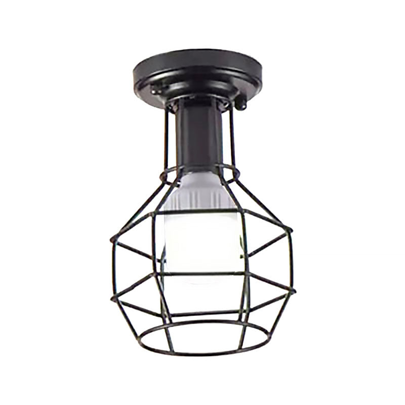 Mini Caged Ceiling Mounted Industrial Black Metal Light Fixture for Corridor