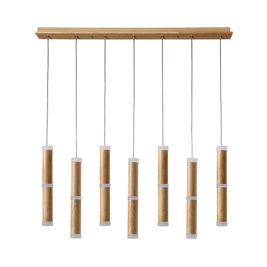 Contemporary Wooden Led Pendant Light With Micro Tube Design - 7/9-Head Cluster Ceiling Lamp For