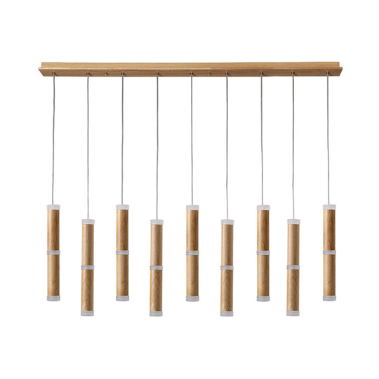 Contemporary Wooden Led Pendant Light With Micro Tube Design - 7/9-Head Cluster Ceiling Lamp For