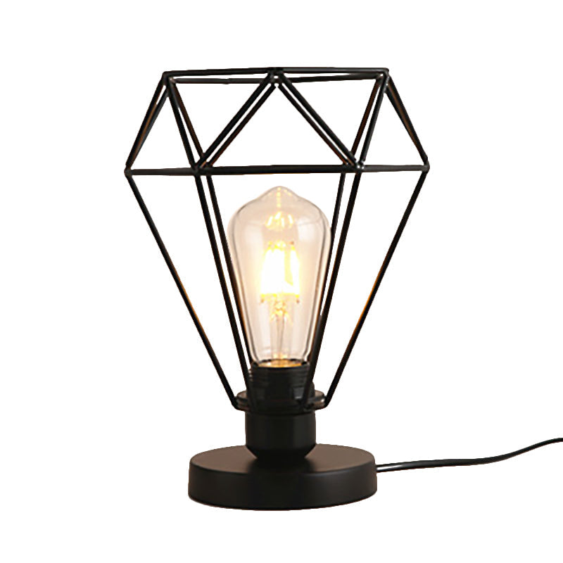 Wire Guard Table Lamp With Diamond Shade - Industrial Style Metallic Lighting In Black