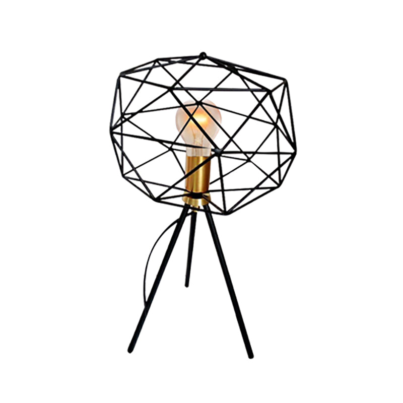 6/12.5 Wide Geometric Cage Metal Table Light - Retro Industrial Bedside Lamp In Black