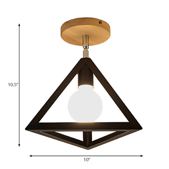 Vintage Wire Cage Semi Flush with Triangle Shade in Black/White