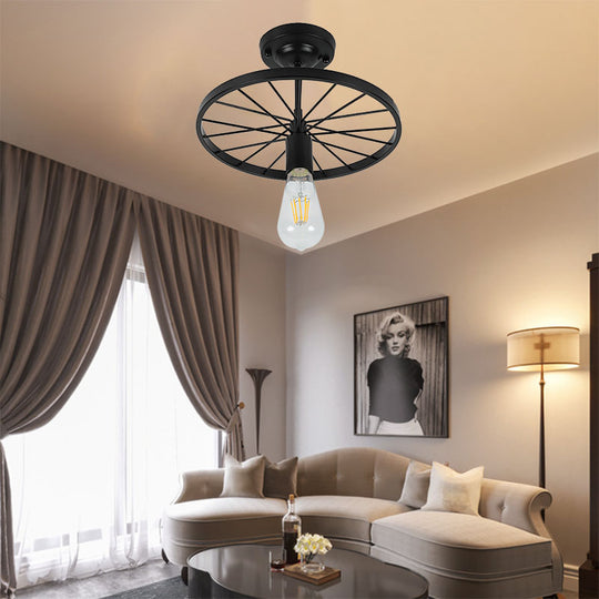 Industrial Style Metal Semi Flush Ceiling Light with Black Finish - Bare Bulb Restaurant Fixture