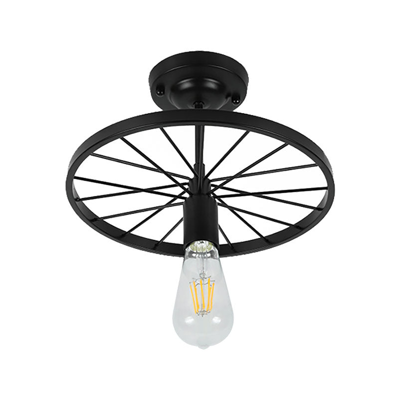 Industrial Style Metal Semi Flush Ceiling Light with Black Finish - Bare Bulb Restaurant Fixture