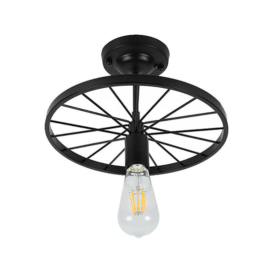 Industrial Style Metal Semi Flush Ceiling Light With Black Finish - Bare Bulb Restaurant Fixture