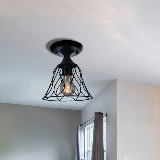 Semi Flush Pendant Light with Antique Bell Cage Shade – Metallic Finish, Ideal for Bedroom Ceiling Lighting