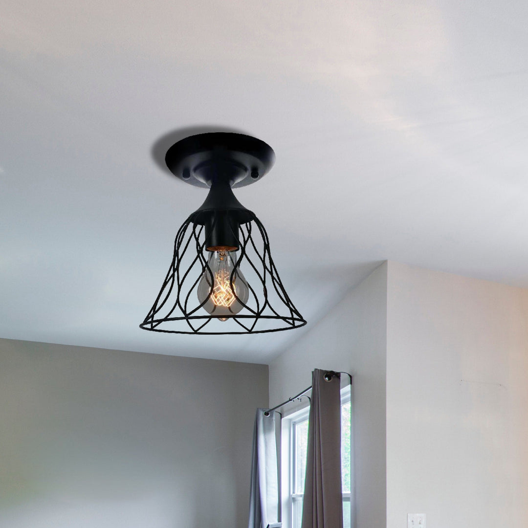 Semi Flush Pendant Light With Antique Bell Cage Shade Metallic Finish Ideal For Bedroom Ceiling