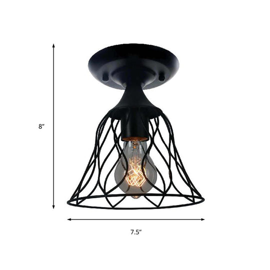 Semi Flush Pendant Light with Antique Bell Cage Shade – Metallic Finish, Ideal for Bedroom Ceiling Lighting