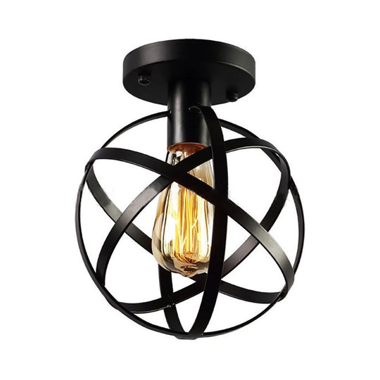 Industrial Black Metal Semi Flush Cage Shade Ceiling Lamp