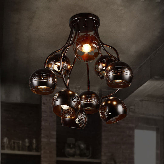 Farmhouse Style Iron Chandelier - Global Semi Flush Ceiling Light with Music Note and Leaf Design in Rust