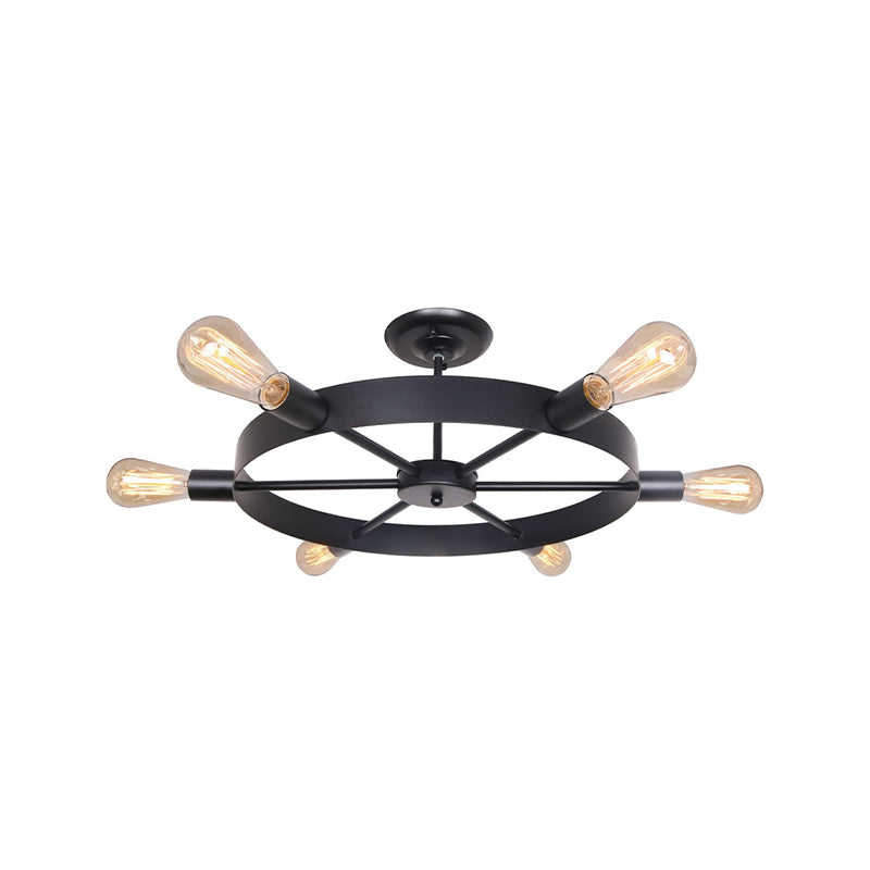 Vintage Style Rudder Restaurant Ceiling Light with 6 Bare Bulb Semi Flush Mount - Black