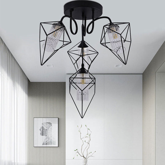 Retro Metal Cage Diamond Chandelier With Clear Glass Shade - Bedroom Ceiling Mount Pendant Light