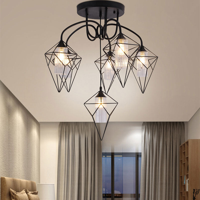 Retro Metal Cage Diamond Chandelier with Clear Glass Shade - Bedroom Ceiling Mount Pendant Light (4/6 Lights, Black)