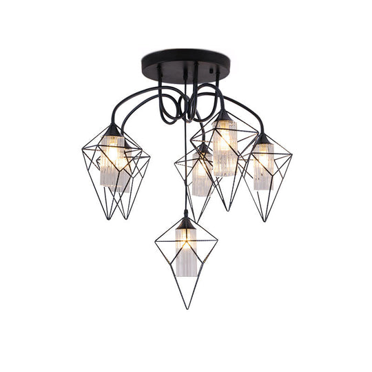 Retro Metal Cage Diamond Chandelier with Clear Glass Shade - Bedroom Ceiling Mount Pendant Light (4/6 Lights, Black)