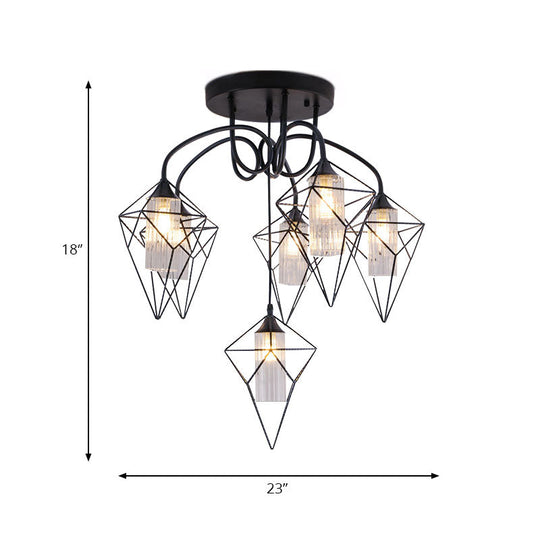 Retro Metal Cage Diamond Chandelier with Clear Glass Shade - Bedroom Ceiling Mount Pendant Light (4/6 Lights, Black)