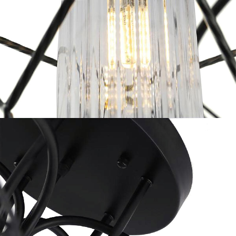 Retro Metal Cage Diamond Chandelier with Clear Glass Shade - Bedroom Ceiling Mount Pendant Light (4/6 Lights, Black)