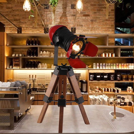 Industrial Style Red Metal And Wood Desk Lamp With Tripod Base - Ideal For Restaurants