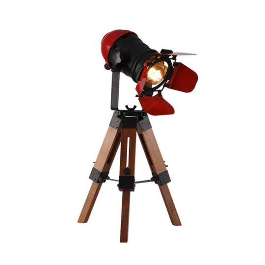 Industrial Style Red Metal And Wood Desk Lamp With Tripod Base - Ideal For Restaurants