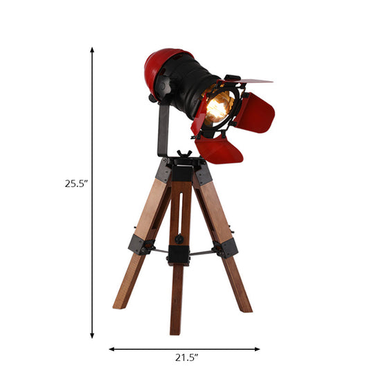 Industrial Style Red Metal And Wood Desk Lamp With Tripod Base - Ideal For Restaurants