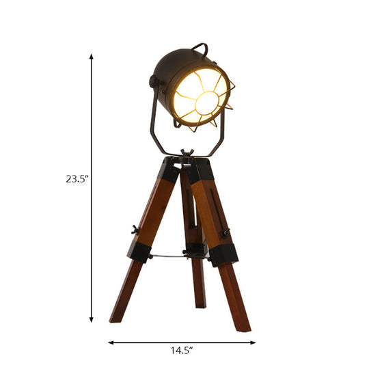 Industrial Loft Desk Lamp With Tripod Metal And Wood Table Light In Brown