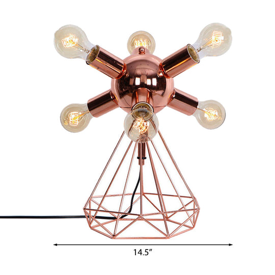 Retro-Style Metal Table Lamp With Diamond Base - 6/9-Head Bare Bulb Copper Finish Bedroom Lighting