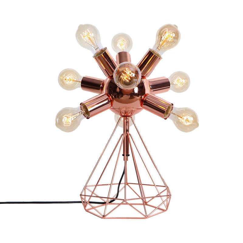 Retro-Style Metal Table Lamp With Diamond Base - 6/9-Head Bare Bulb Copper Finish Bedroom Lighting