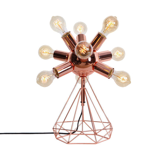 Retro-Style Metal Table Lamp With Diamond Base - 6/9-Head Bare Bulb Copper Finish Bedroom Lighting