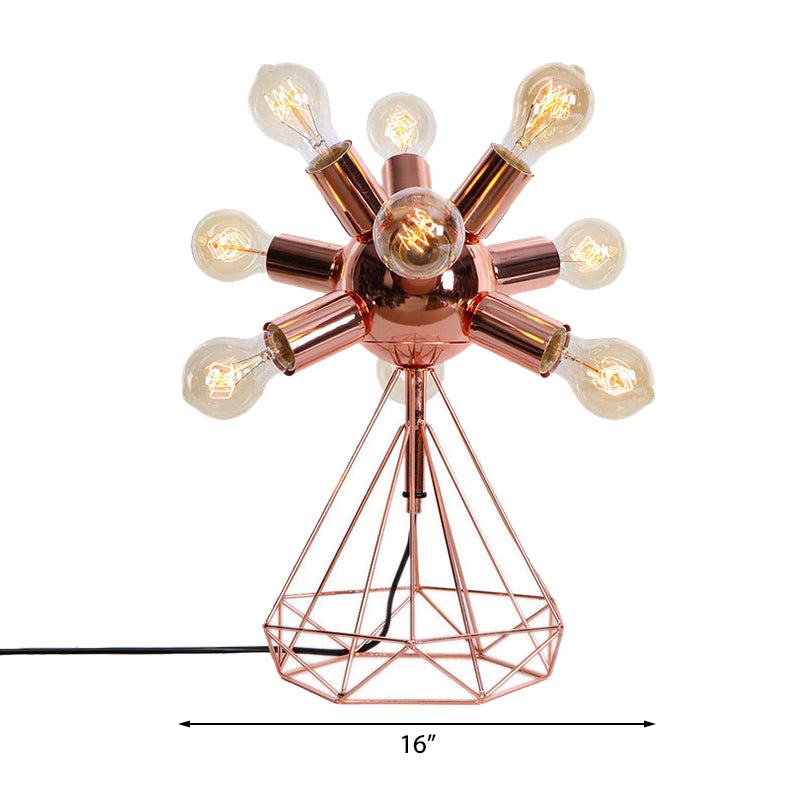 Retro-Style Metal Table Lamp With Diamond Base - 6/9-Head Bare Bulb Copper Finish Bedroom Lighting