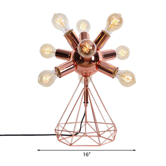 Retro-Style Metal Table Lamp With Diamond Base - 6/9-Head Bare Bulb Copper Finish Bedroom Lighting