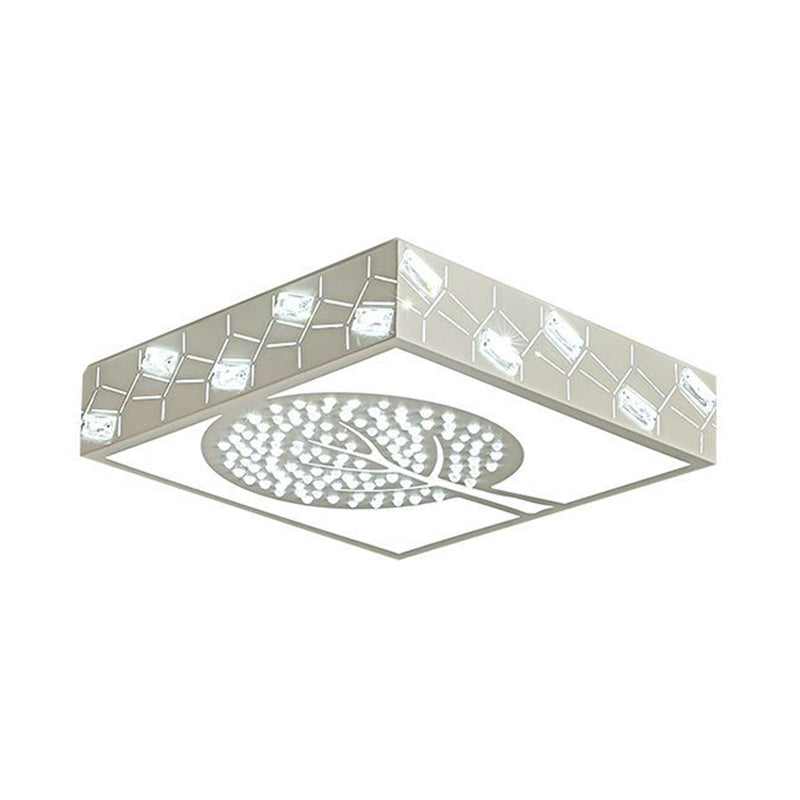 Nordic Metal Led Bedroom Ceiling Lamp - Square Box Flush Mount With Crystal Bead & Tree Pattern