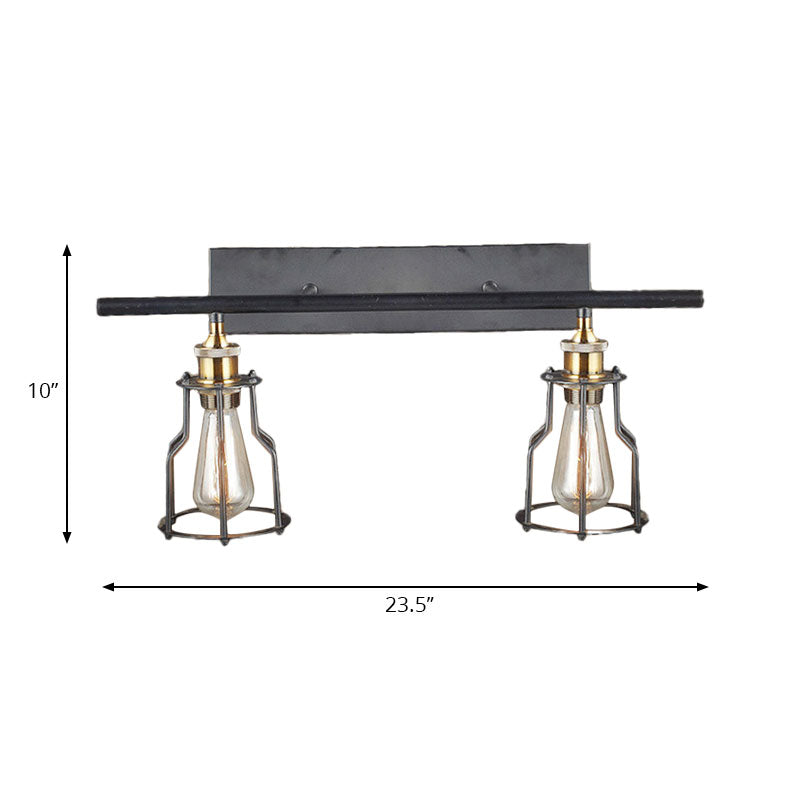 Industrial Style Wire Cage Wall Sconce With 2 Lights - Black Finish Metal Ideal For Living Room