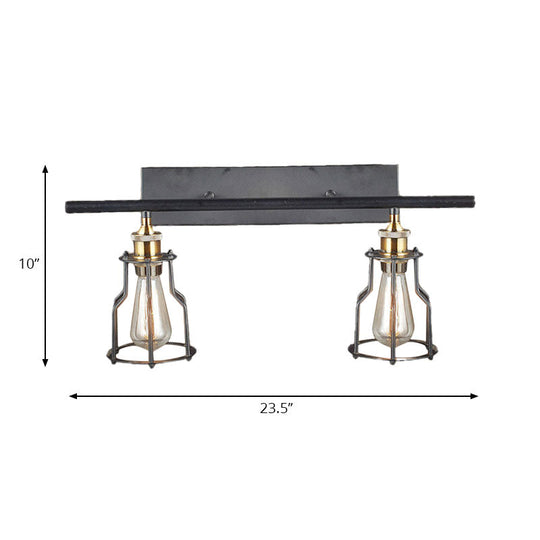 Industrial Style Wire Cage Wall Sconce With 2 Lights - Black Finish Metal Ideal For Living Room