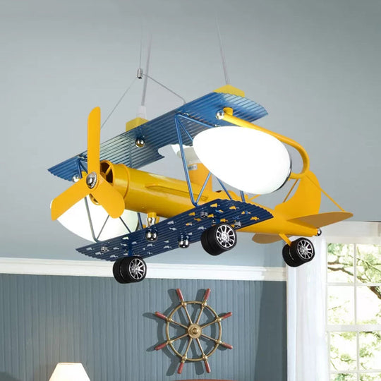 Boys Bedroom Chandelier: Blue Pendant Light With Milk Glass Shade & Biplane Design